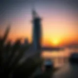 Stunning view of Tamouh Tower against the sunset