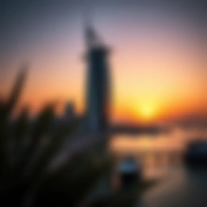 Stunning view of Tamouh Tower against the sunset