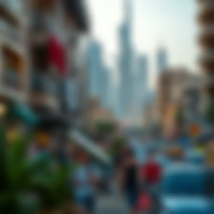 Vibrant neighborhood showcasing Dubai's skyline