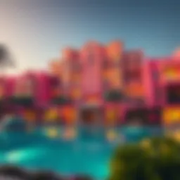 The stunning exterior view of the Pink Building in Dubai showcasing its unique architecture