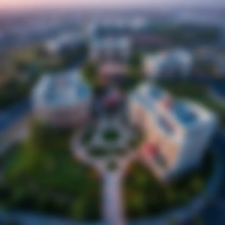 Aerial View of The Gardens Nakheel A stunning aerial view of The Gardens Nakheel showcasing lush landscaping and elegant architecture.