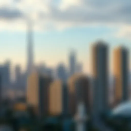 A skyline view of Dubai with a focus on residential buildings marked for demolition