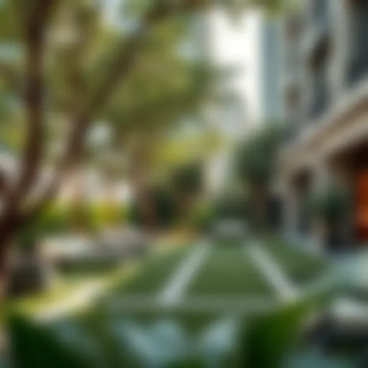 A serene urban garden with trees and seating areas